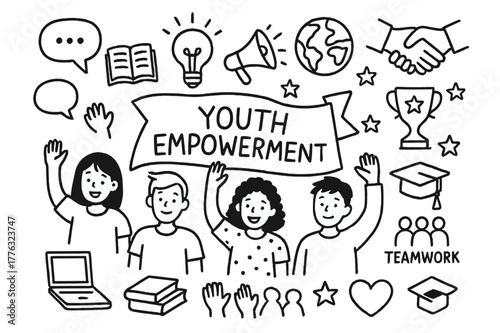 Youth Empowerment Icons. Youth Empowerment. Hand-drawn doodle illustration Youth Empowerment young people, raising hands, speech bubbles, books, laptop,