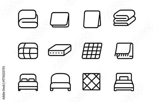 Bedding Icon Set. Bedding. Line icon set of bedding: duvet, sheet, pillowcase, blanket, comforter, mattress, quilt, throw, bedspread, headboard, fabric