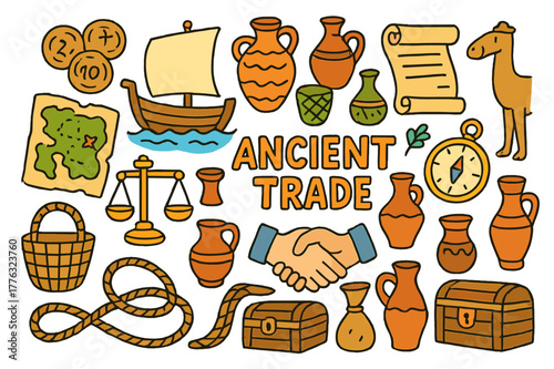 Ancient Trade Icons. Ancient trade. Colorful Hand-drawn doodle Children illustration Ancient trade bronze coins, ships, amphora, camel, map, scroll, compass,