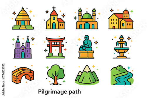 Colorful Pilgrimage Icons. pilgrimage path. Colorful isometric vector icons set of pilgrimage path: temple, church, mosque, monastery, cathedral, shrine,
