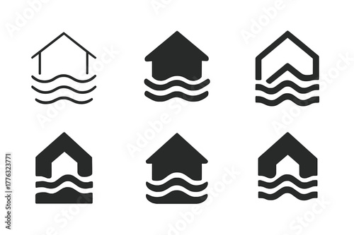 Flood Damage Logos. Dealing with home flooding and water damage. Set Logo of dealing with home flooding and water damage: house roof above wavy water lines.