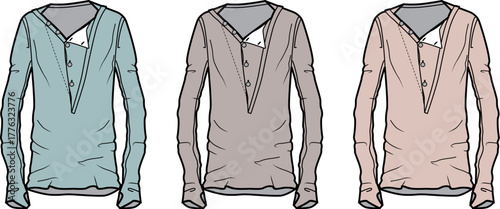 Flat lay illustration of three long-sleeved henley shirts in different pastel colors with buttons down the neckline