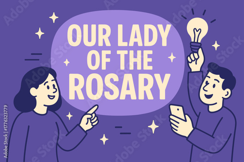 Our Lady Banner. Our Lady of the Rosary banner, flat vector illustration, bold oversized text inside rounded blob, cartoon characters pointing and holding a