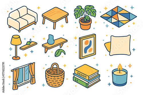 Minimalist Living Icons. Creating a minimalist living space. Colorful isometric vector icons set of Creating a minimalist living space: clean white sofa,