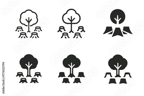 Deforestation Logo Variations. Deforestation. Set Logo of deforestation: single surviving tree among stumps. Icon set. harmonious logo variations of the same