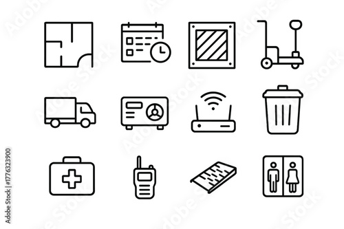 Event Logistics Icons. Event Logistics. Line icon set of event logistics: floor plan, schedule, crate, pallet jack, loading truck, power generator, wifi