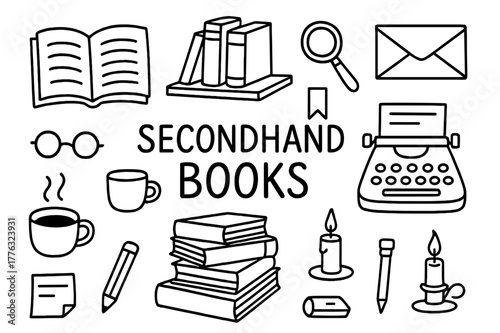 Secondhand Book Doodles. Secondhand books. Hand-drawn doodle illustration secondhand books open book, stack of novels, magnifying glass, glasses, bookmark,