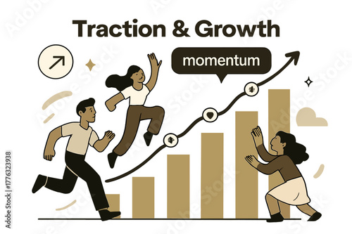 Momentum Growth Vector. Pitch Deck ? Traction & Growth. Bars and curves soar upward; milestone icons pulse at key dates. Label ?momentum.? glows at peak.