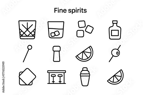Fine Spirits Icons. Fine spirits. Line icon set of fine spirits: crystal glass, whiskey glass, ice cubes, bottle, cocktail stirrer, cork, lemon slice, olive,