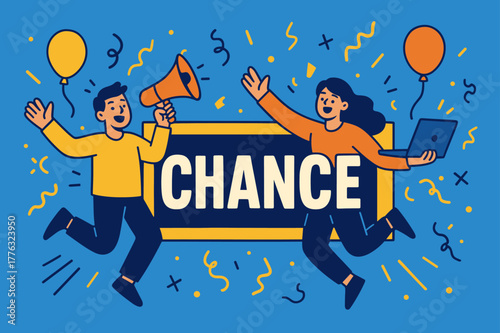 Vibrant Chance Banner. Chance banner, flat vector illustration, bold oversized text inside rectangular frame, cartoon characters jumping and waving while