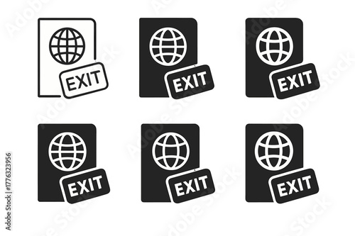 Passport Exit Logos. deportation policies. Set Logo of deportation policies: passport with exit stamp. Icon set. harmonious logo variations of the same