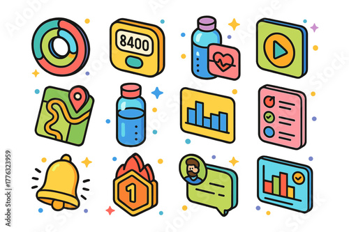 Colorful Fitness Icons. Health and fitness app UI. Colorful isometric vector icons set of health and fitness app UI: activity ring, step counter, heart rate