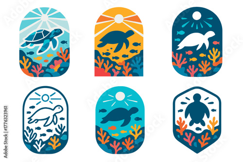 Vibrant Reef Logos. A vibrant coral reef teeming with colorful fish, sea turtles, and coral formations. Set Logo of A vibrant coral reef teeming with colorful