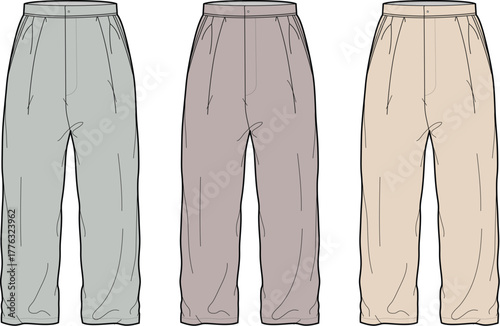 Set of women's wide-leg pants fashion flat sketches. Technical drawing vector template of casual trousers in three colors for clothing design and apparel mockups