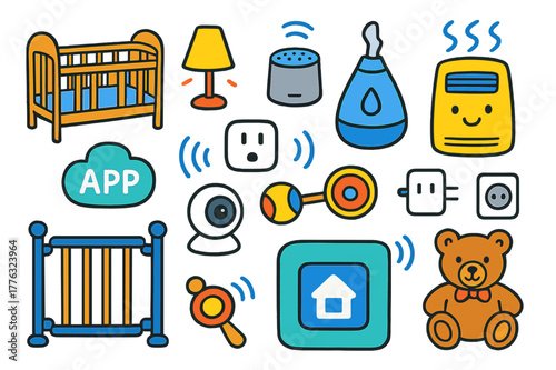 Smart Nursery Setup. Smart nursery setup. Colorful Hand-drawn doodle Children illustration Smart nursery setup crib, night lamp, smart speaker, humidifier, air