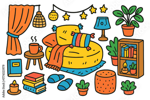 Cozy Reading Corner. Cozy Reading Nook. Colorful Hand-drawn doodle Children illustration Cozy Reading Nook floor cushion, pouf, blanket, tasseled pillow,