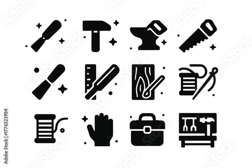 Traditional Craft Icons. Traditional Craft. Solid icons set of Traditional Craft: chisel, hammer, anvil, saw, paintbrush, ruler, wood plank, sewing needle,