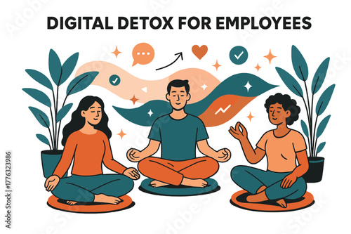 Office Meditation Retreat. Digital detox for employees. Meditation corner in office with plants and cushions with abstract floating waves, icons, and sparkles;