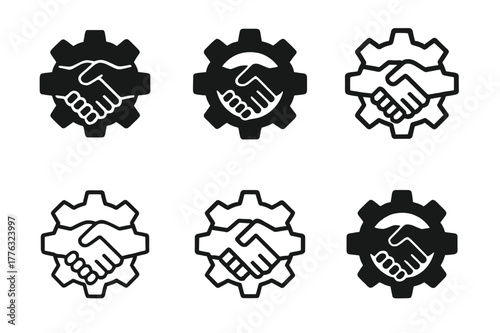 Innovation Logos Grid. Startups and innovation. Set Logo of startups and innovation: handshake forming a gear. Icon set. harmonious logo variations of the same