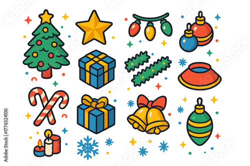 Colorful Christmas Icons. Christmas celebration. Colorful isometric vector icons set of Christmas celebration: Christmas tree, star topper, lights, baubles,