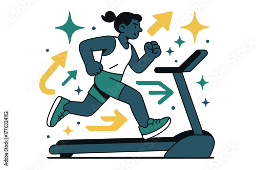 Dynamic Treadmill Inspiration. Workout motivation. Person running on treadmill with abstract floating arrows, stars, and sparkles; conveys energy,
