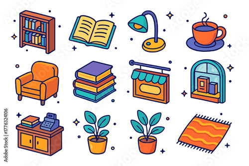 Colorful Bookshop Icons. Local bookshop. Colorful isometric vector icons set of local bookshop: bookshelf, open book, reading lamp, coffee cup, armchair, book