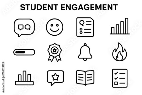 Student Engagement Icons. Student engagement. Line icon set of online engagement: discussion bubble, reaction emoji, quiz, poll, progress bar, badge, reminder