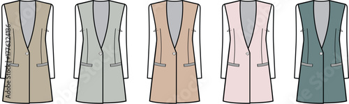 Collection of women's long sleeveless vest fashion flat technical drawings. Apparel design set with different color options for clothing manufacturing
