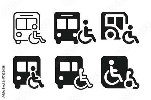 Wheelchair Accessible Bus Logos. Accessible transportation. Set Logo of wheelchair-accessible bus: Minimal outline, Filled silhouette, Abstract geometric,