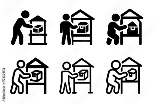 Mail Icon Variations. Bringing in the mail. Icon set. Set Logo of bringing in the mail: porch parcel box being opened. harmonious logo variations of the same