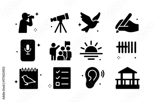 Observation Icon Set. Observation activities. Solid icons set of observation activities: birdwatcher silhouette, telescope setup, bird in flight, note-taking
