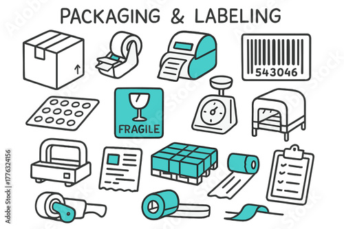 Packaging Doodle Icons. // Packaging & labeling. Hand-drawn doodle illustration Packaging & labeling [carton box (accented), tape dispenser, label printer