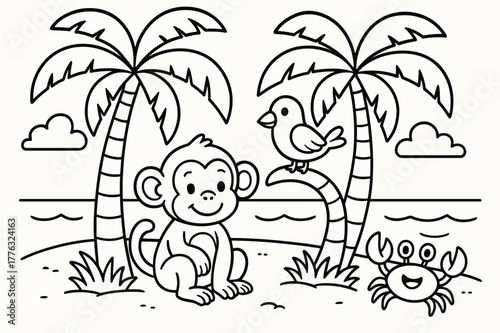 Animals by Palm Trees. Animals under the palms children?s coloring book illustration, outlined drawing, a monkey, bird, and crab resting near two palm trees by