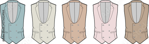 Set of classic double-breasted men's waistcoats with shawl lapels. Vector fashion illustration template for formal wear and tailoring