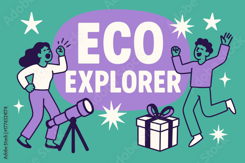 Eco Explorer Celebration. Eco explorer banner, flat vector illustration, bold oversized text inside rounded blob, cartoon characters shouting and dancing,
