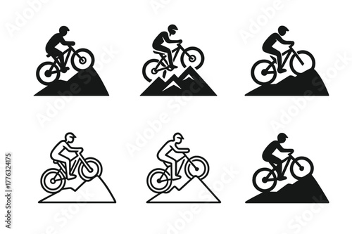 Mountain Biking Logos. Mountain biking. Set Logo of Mountain biking: cyclist climbing hill trail. harmonious logo variations of the same emblematic concept,