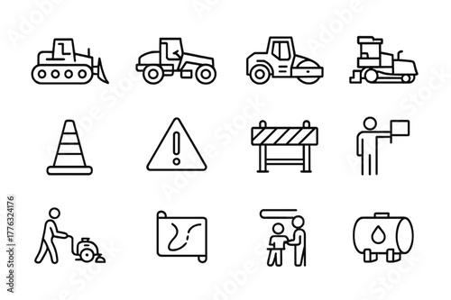 Road Construction Icons. Road construction. Line icon set of road construction: bulldozer, grader, roller, asphalt spreader, dump truck, traffic cone, warning