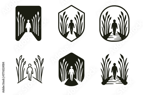 Whispering Corridor Logos. Whispering corridor. Set Logo of Whispering corridor: reed-lined walkway. harmonious logo variations of the same emblematic concept,