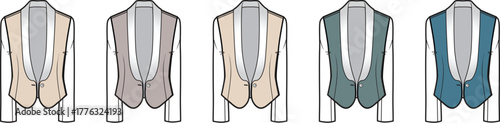 Collection of elegant women's sleeveless vests, illustrated in a range of muted and neutral tones, highlighting versatile fashion apparel concepts with a stylish shawl collar design