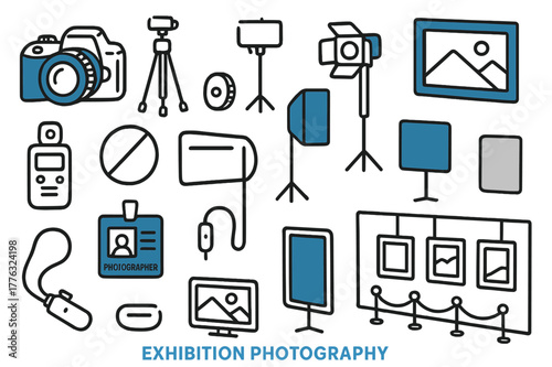 Exhibition Photography Elements. Exhibition photography. Hand-drawn doodle illustration exhibition photography DSLR camera (accented), tripod, spotlight, wall