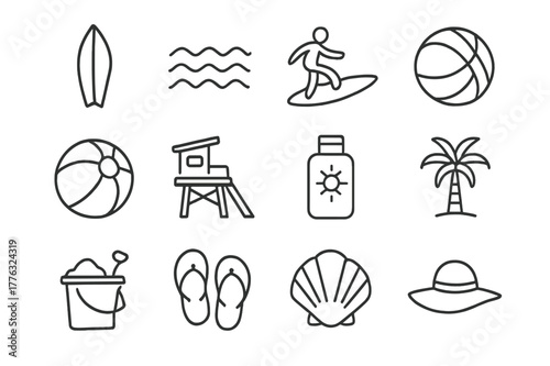 Beach Lifestyle Icons. Beach lifestyle. Line icon set of beach lifestyle: surfboard, waves, surfer, volleyball, beach ball, lifeguard tower, sunscreen bottle,
