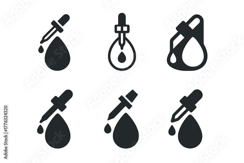 Logo Harmony Grid. Beauty blender and foundation. Set Logo of dropper blend: serum dropper meeting sponge tip. Icon set. harmonious logo variations of the same