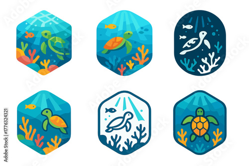 Vibrant Reef Logos. A vibrant coral reef teeming with colorful fish, sea turtles, and coral formations. Set Logo of A vibrant coral reef teeming with colorful