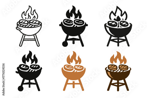 BBQ Logo Variations. A family enjoying a BBQ in the backyard, with grilled meats and vegetables. Set Logo of A family enjoying a BBQ in the backyard, with