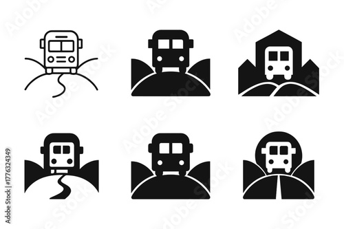 School Bus Logos. Educational field trips and excursions. Set Logo of Educational field trips and excursions: school bus on road. Icon set. harmonious logo