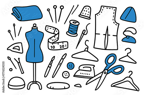 Hand-Sewn Fashion Icons. // Creating hand-sewn costumes and clothing. Hand-drawn doodle illustration creating hand-sewn costumes and clothing [dress form