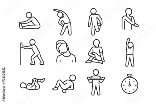 Stretching Icon Set. Stretching. Line icon set of Stretching: seated hamstring stretch, standing side bend, quad stretch, shoulder stretch, calf stretch, neck