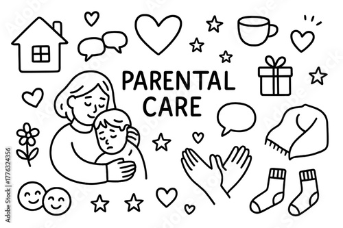 Parental Care Doodle. Parental Care. Hand-drawn doodle illustration Parental Care mom comforting child, hugging, heart, speech bubbles, cup of tea, blanket,