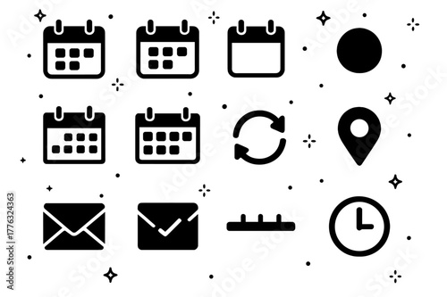 Calendar Icons Grid. Calendar and Scheduling. Solid icons set of Calendar and Scheduling: wall calendar, desk calendar, date tile, weekly planner, monthly