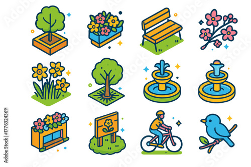 Urban Spring Icons. Urban spring blooms. Colorful isometric vector icons set of Urban spring blooms: tree planter box, balcony flower pot, city park bench,